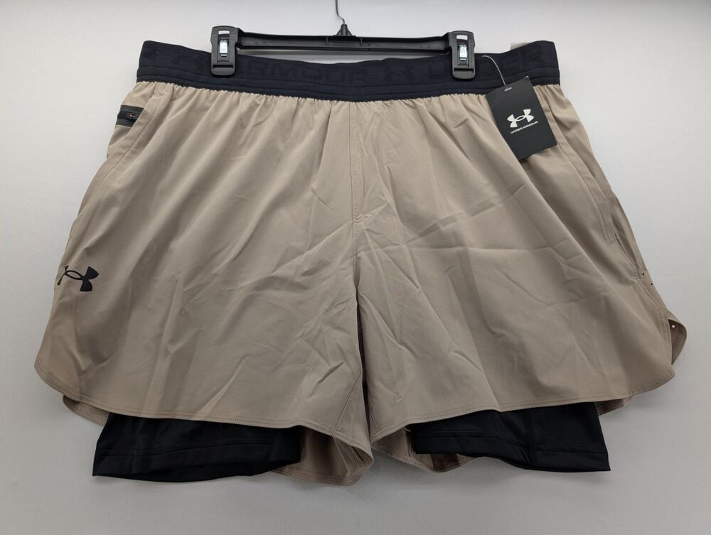 NWT Under Armour Men's UA Vanish Elite 2 in 1 Shorts in Timberwolf Taupe sz 2XL